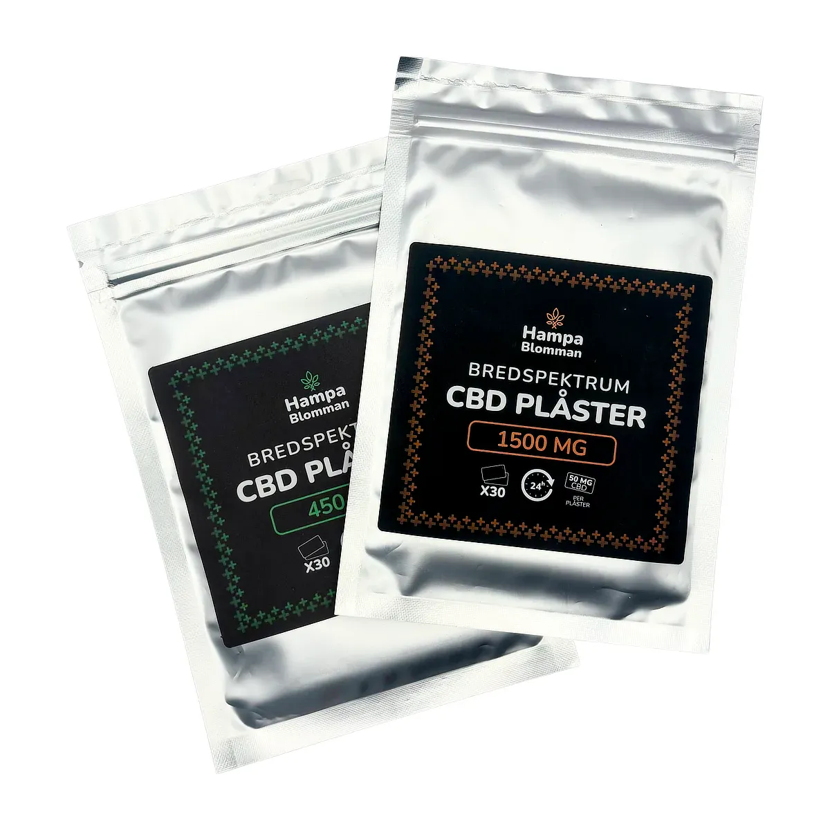 CBD-plåster i två styrkor – 15 mg och 50 mg – förpackningar sida vid sida för jämförelse