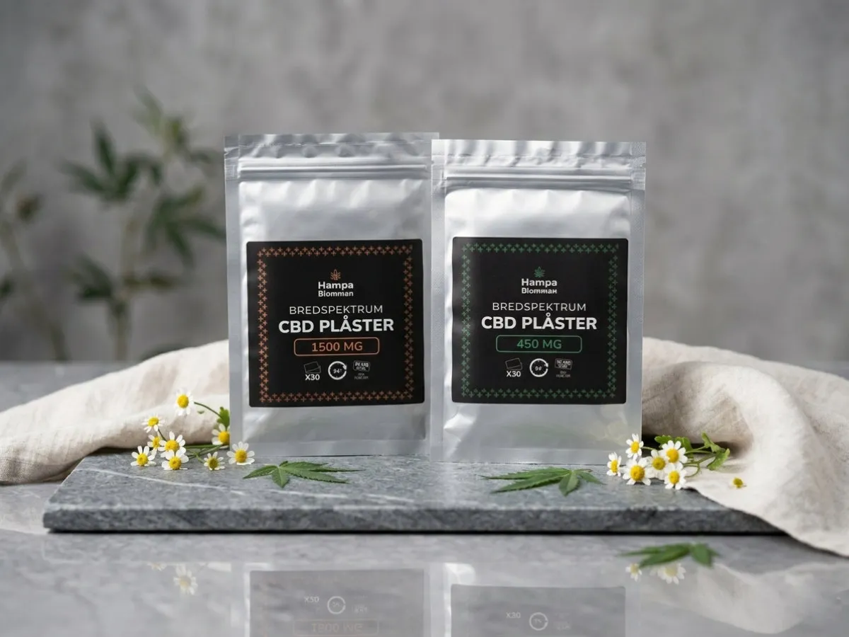 CBD-plåster förpackningar 15 mg och 50 mg på en stenskiva omgivna av kamomillblommor